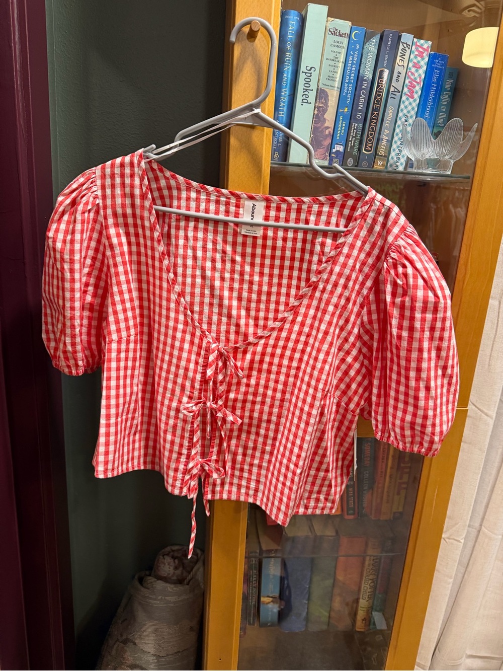 NWT Red Gingham Tie-Front Puff Sleeve Top